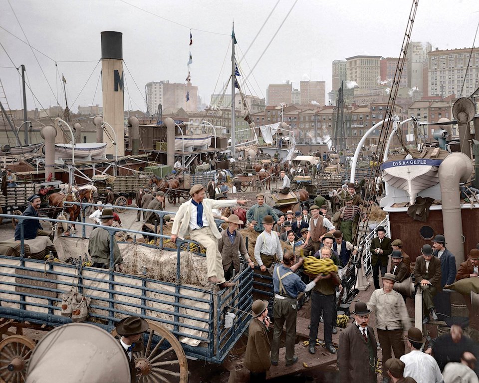 Banana docks, New York. Circa 1906. An interesting cast of characters. 8x10 inch dry plate glass negative, Detroit Publishing Company. Colorized by Reddit user stennesrc