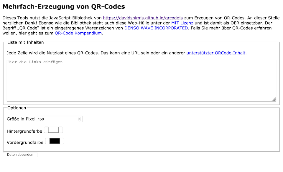 Die Webseite zum Erzeugen von QR-Codes